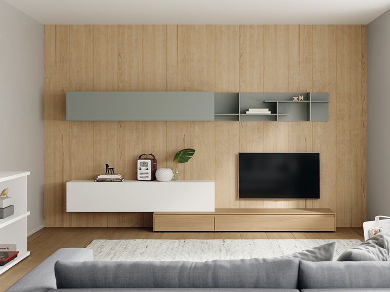 Photo d'une composition murale modulable ensemble meuble TV et étagères de la collection Soleil de chez Mobenia