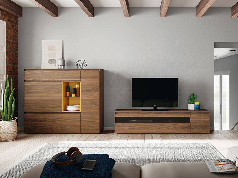 Photo d'une omposition murale d’éléments modulables avec bahut haut et meuble TV de chez Mobenia