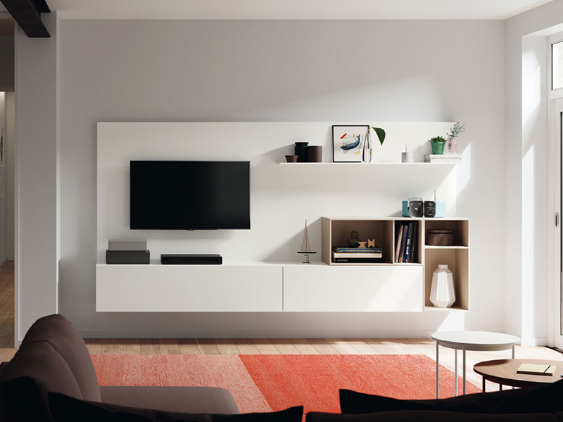 Photo d'une composition murale modulable ensemble meuble TV et étagères de la collection Soleil de chez Mobenia