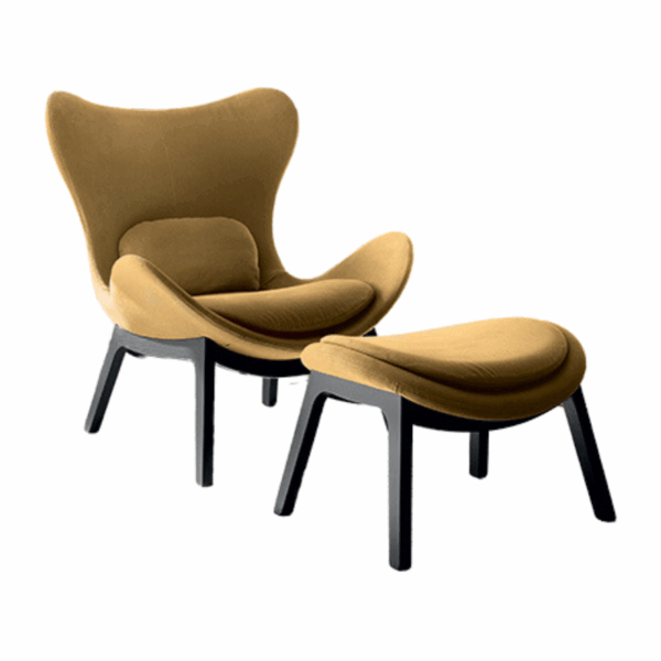 fauteuil lazy calligaris piétement en bois avec le mécanisme pivotant et basculant coussin moelleux cales-reins confortable coque en polyuréthane écumé à froid