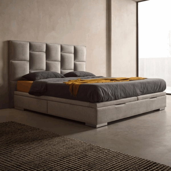 lit cabezal vital avec un coffre, espace de rangement, confort, moderne, tête de lit asymétrique, tissus de haute qualité, design contemporain, fonctionnalité pratique