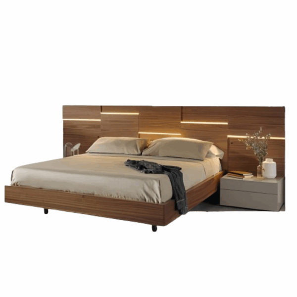 mobenia lit liin tete de lit panneaux de bois avec leds intégrés et chevets suspendus