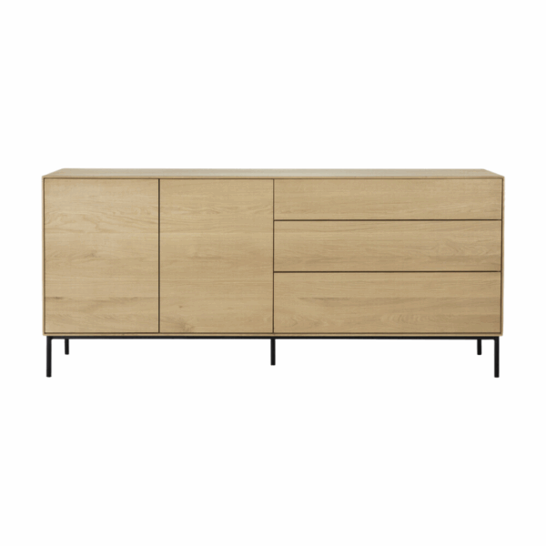 buffet whitebird ethnicraft chêne massif, pieds en métal noir, ouverture pushpull, mécanisme antibasculement, design moderne, rangement flexible, prêt à l'emploi