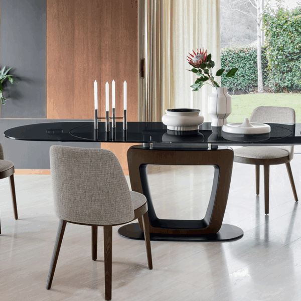 table orbital calligaris style épuré moderne plateau elliptique structure en métal